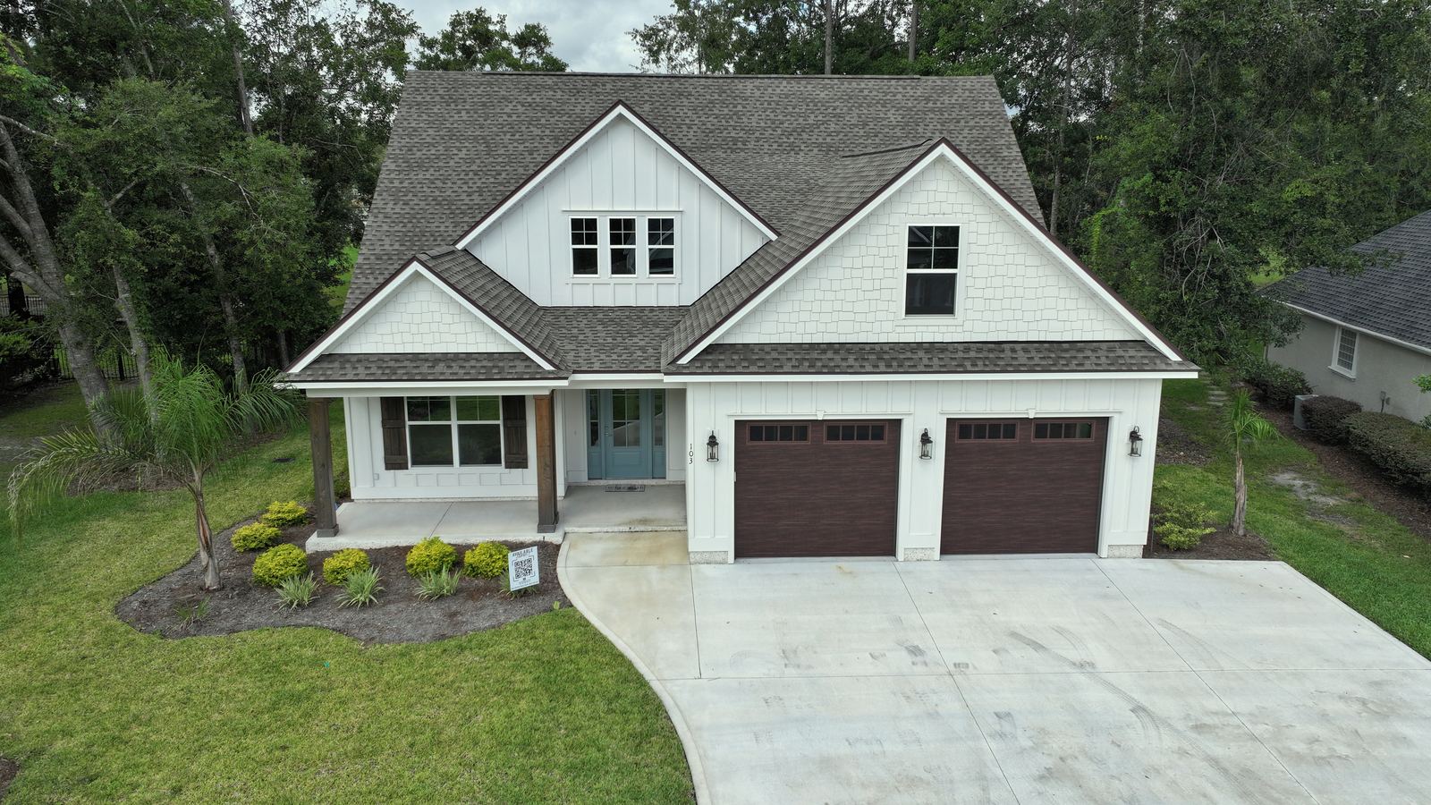 Angled exterior with landscaping